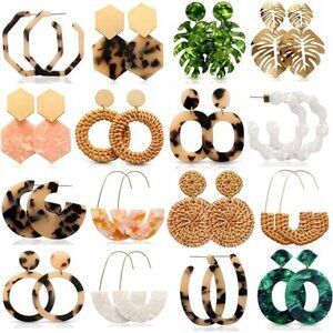16 Pairs Trendy Acrylic Rattan‎ Earrings Fashion Summer Beach for Women